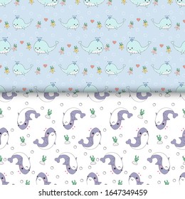 Cute whales and sharks seamless pattern