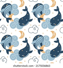 Cute whales sleeping in the clouds. Fantasy illustration. Kids print. Seamless pattern for fabric, wrapping, textile, wallpaper, clothes. Vector.