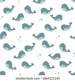 Cute whales, trendy seamless pattern for kids. Vector background with sea animals for print or web.