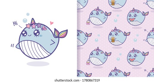 Cute Wale Einhorn nahtlose Muster Cartoon. 