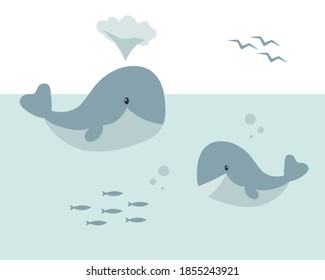 Cute whales, vector illustration about the protection of wildlife for the development of children.