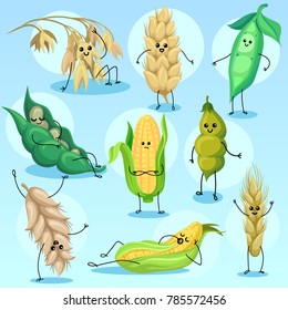 Cute wheat, barley, bean, peas and corn characters set, cereals and legumes vector Illustrations