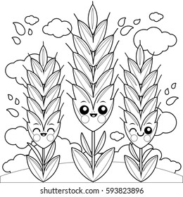 Cute wheat or barley characters growing on a field. Vector black and white coloring page.