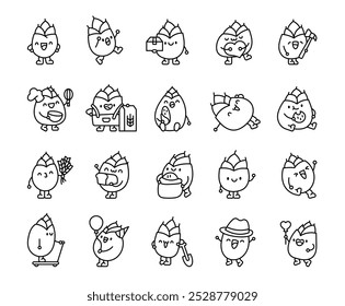 Cute wheat grain character. Coloring Page. Friendly cartoon plant. Vector drawing. Collection of design elements.