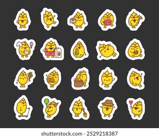 Cute wheat grain character. Sticker Bookmark. Friendly cartoon plant. Vector drawing. Collection of design elements.