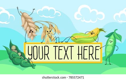 Cute wheat stem, bean, peas and corn characters, cereals and legumes having fun in the field vector Illustration with space for text