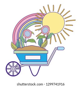 cute wheelbarrow gardening with flowers and rainbow