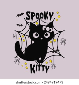 Cute Whimsical Black Cat and Bats—spooky kitty  Halloween T-Shirt Cartoon Design