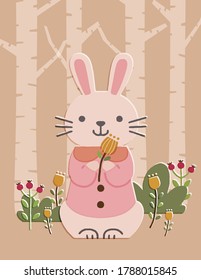 Cute and whimsical bunny in the wood illustration. For greeting card, invitation, nursery, poster, and wall decor.