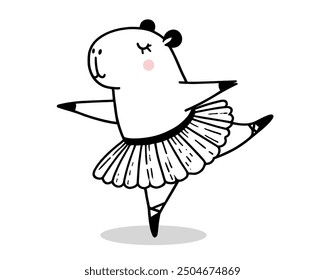 Cute whimsical capybara ballerina in dancing gracefully, vector doodle image