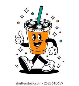 Cute whimsical cartoon coffee cup went out for a walk, vector single image