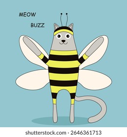 Cute Whimsical cat dressed a bee costume. Vector illustration of cat in bee pajamas. Ideal kids nursery art, poster, bedroom interior wall card. EPS 10
