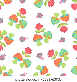 Cute Whimsical Colorful Mushrooms, Flowers, and Ladybugs on a White Background, Perfect For Kids And Fantasy Designs, Vector Seamless Pattern for Wallpaper and Textile Designs