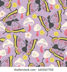 Cute Whimsical Fairies and Mushrooms Vector Seamless Pattern