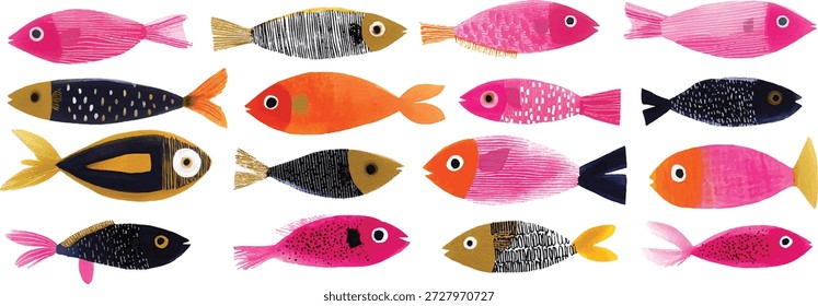 Cute and whimsical fish that are perfect for children's books, journals, animations and more. Each fish is its own layer, which makes moving and editing them easy in Illustrator!