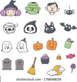 Cute and whimsical Halloween character icons. Cartoon style. Witch, monster, vampire, death, mummy, black cat, ghost, pumpkin, grave, candy cone.