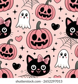 A cute and whimsical Halloween pattern featuring pink jack o lanterns, black cats with pink bows, friendly ghosts, black hearts, and spider webs on a pale pink background.