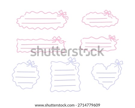 Cute, whimsical, hand drawn vector frameswith bows set in pastel colors. Various shapes including heart, rectangular, and cloud outlines with ruled lines for notes, for planners, scrapbooking.
