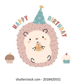 Cute and whimsical hedgehog character with party hat, present box, cupcakes, and Happy Birthday message. Cartoon style simple vector illustration.