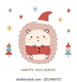 Cute and whimsical hedgehog in Santa Claus costume. Colorful pastel colors, cartoon style vector illustration.