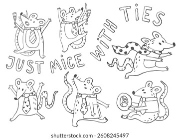 Cute whimsical mice cartoon characters wearing ties, simple outline doodle animals set
