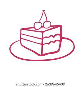 Cute Whimsical Piece of Cake with cherry on a plate isolated on a white background. Perfect for design of menu, cafe posters, logo