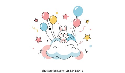 Cute whimsical rabbit wearing a crown and riding on a cloud surrounded by colorful balloons confetti and stars on a bright white background celebrating a special occasion with joy and magic