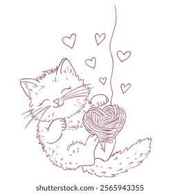 Cute Whimsical Romantic Cats. Line Art Illustration.