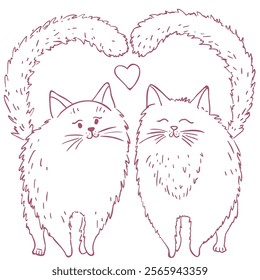 Cute Whimsical Romantic Cats. Line Art Illustration.