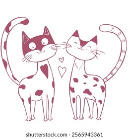 Cute Whimsical Romantic Cats. Line Art Illustration.