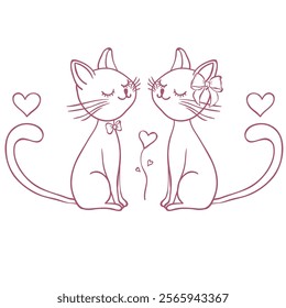 Cute Whimsical Romantic Cats. Line Art Illustration.