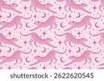 Cute whimsical seamless pattern with pink celestial cheetah