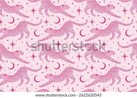 Cute whimsical seamless pattern with pink celestial cheetah