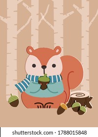 Cute and whimsical squirrel in the wood illustration, wearing sweater and scarf. For greeting card, invitation,  poster, nursery, and wall decor.