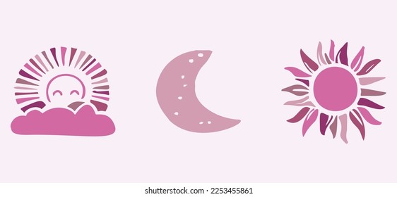 Cute whimsical sun and moon set of vector motifs. Illustration of night and day sky collection for children clipart. 