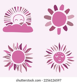 Cute whimsical sun and moon set of vector motifs. Illustration of night and day sky collection for children clipart. 