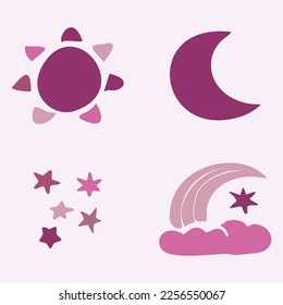 Cute whimsical sun and moon set of vector motifs. Illustration of night and day sky collection for children clipart. 