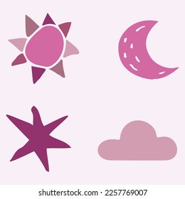 Sol caprichoso y lunar de motivos vectores. Ilustración de la colección de cielo nocturno para niños. 