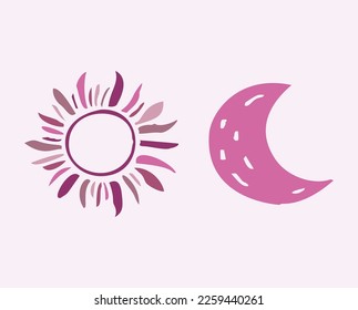Sol caprichoso y lunar de motivos vectores. Ilustración de la colección de cielo nocturno para niños. 