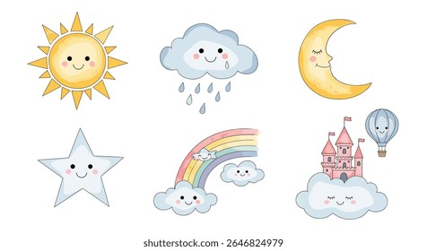 Cute Whimsical Weather Elements Featuring a Smiling Sun Rainy Cloud Crescent Moon Star Rainbow and Fairy Tale Castle with Hot Air Balloon