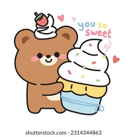 Cute whipping cream strawberry on head of teddy bear.Wild animal hold big cup cake.Sweet,dessert,cake hand drawn.Kawaii.Vector.Illustration.