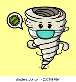Cute Whirlwind Tornado Symbol. Wirbelwind-Tornado-Vektorsymbol mit Maske-Präventions-Virus auf gelbem Hintergrund Cartoon-Symbol-Design einzeln auf Cartoon-Stil 