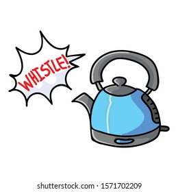  Cute Whistling Kettle Cartoon Vector Illustration. Hand Drawn Hot Drink Clip Art for Kitchen Concept. Breakfast Graphic, Drink and Machine Web Buttons. Appliance Motif Illustration. Speech Bubble.