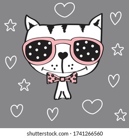 cute whit cat with sunglasses vector illustration, birthday card, T-shirt graphics design for kids