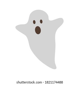 A cute white alarmed ghost who wants to scare you. Design element for poster, flyer, postcard in style on white background isolated. Cute scary character, white tablecloth with eyes and open mouth.