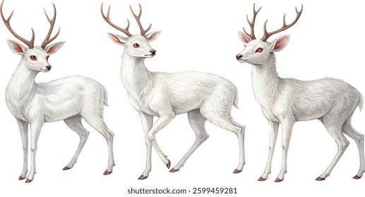 a cute white albino deer set paint with water color on white background