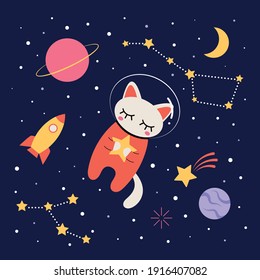 Cute white astronaut cat in space wearing a spacesuit. Stars, planets, rocket, constellations. Cosmonaut exploring galaxy. Vector illustration.