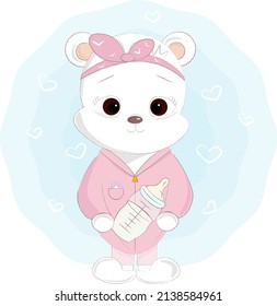 cute white baby bear with a bottle