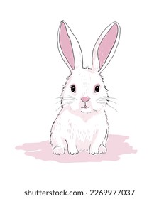 Cute White Baby Bunny. Simple Hand Drawn Vector Illustration with Easter Bunny on a White Background ideal for  Card, Wall Art, Poster. No text. Lovely Sketched Rabbit Sitting on a Pink Floor Print. 