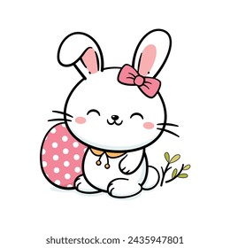 Cute White Baby Easter Bunny Rabbit With Bow And An Egg